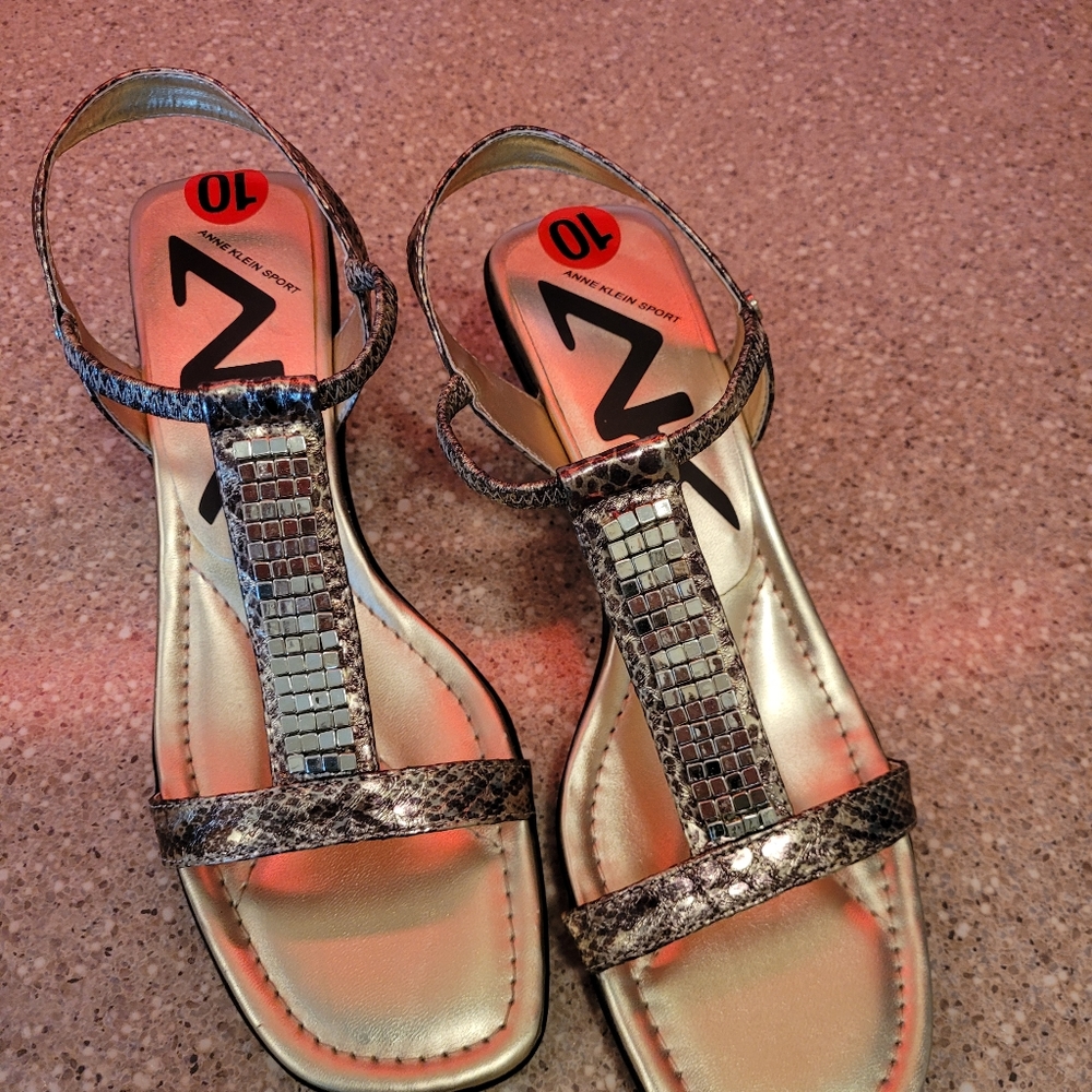 Anne Klein goldish and silver, metallic, open heeled, open toed sandals.